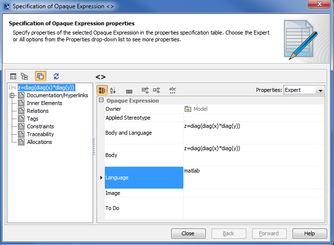 Selecting the Language of the Opaque Expression in the Specification Dialog