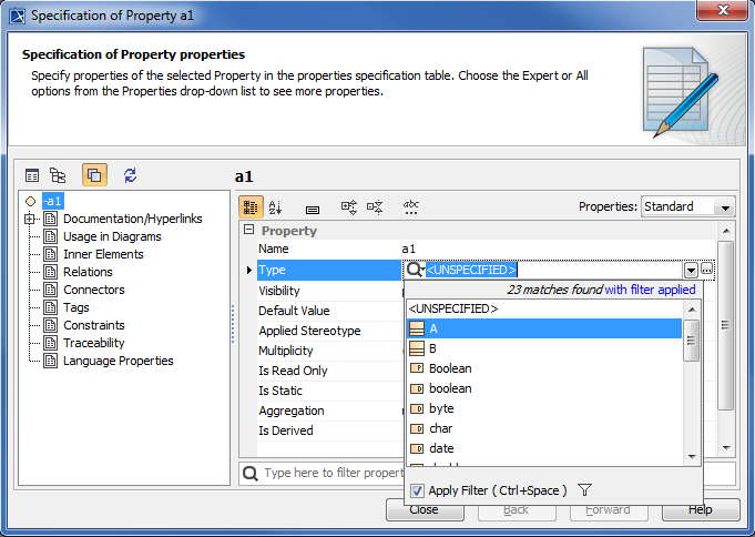 Selecting Class A as Property Type