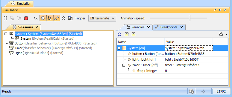 Sessions and Variables Panes Showing Runtime Objects with a Classifier