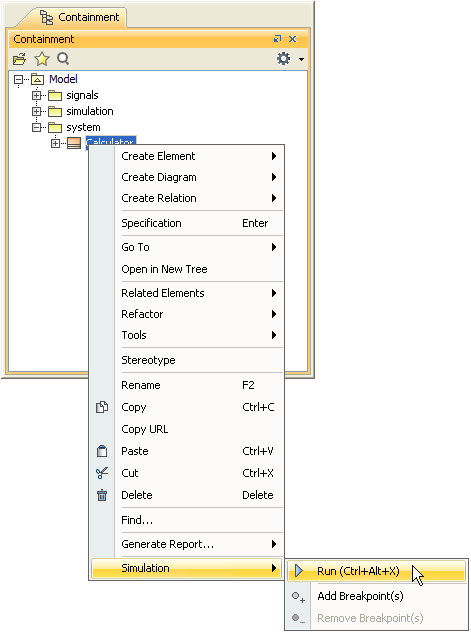 Running a Model through the Context Menu in the Containment Browser