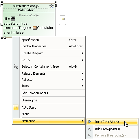 Running a Simulation Configuration Element through the Context Menu