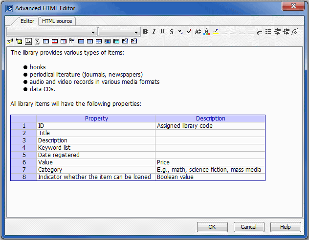 Advanced HTML Editor dialog