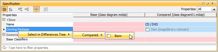 Using property name shortcut menu to navigate from Specification panel to Differences tree