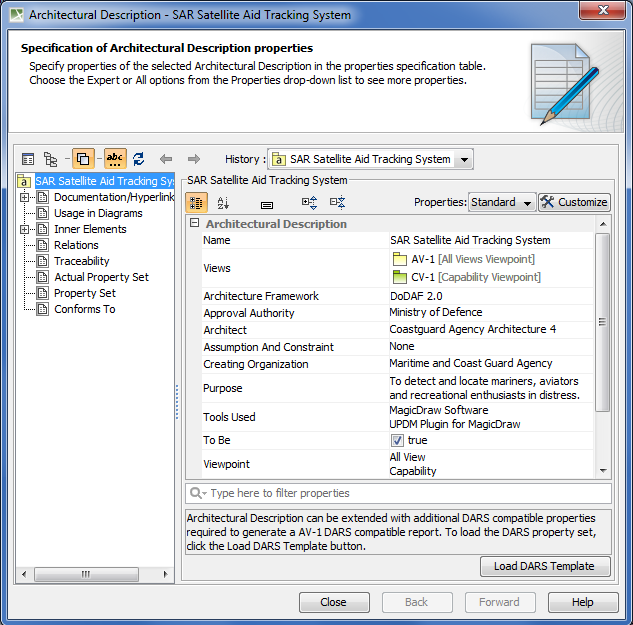 Architectural Description Specification window