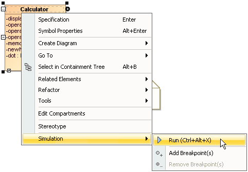 Cameo Simulation Toolkit 2022x Refresh2 > Elements simulation > Figure_0001.png (Running a Model through the Context Menu in a Diagram ) Running a Model through the Context Menu in a Diagram