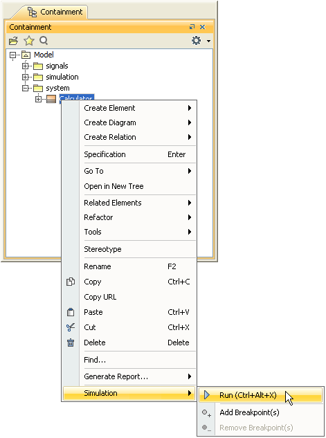 Cameo Simulation Toolkit 2022x Refresh2 > Elements simulation > Figure_0002.png (Running a Model through the Context Menu in the Containment Browser) Running a Model through the Context Menu in the Containment Browser