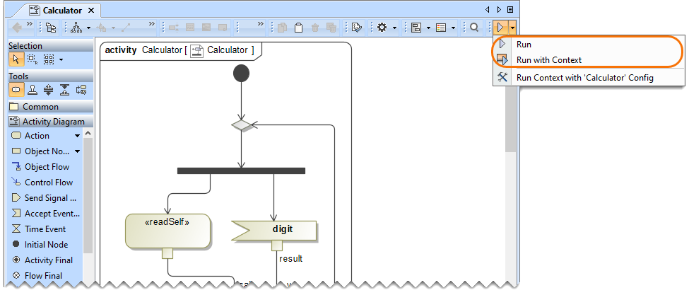 Cameo Simulation Toolkit 2022x Refresh2 > Elements simulation > running_from_diagram_toolbar.png