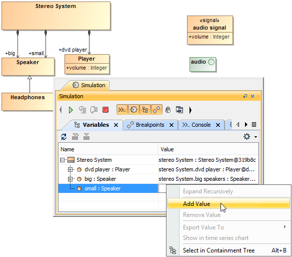 Cameo Simulation Toolkit 2022x Refresh2 > Creating values and objects in the variables pane > addValue_menu.png (Context Menu to Add a New Value) Context Menu to Add a New Value