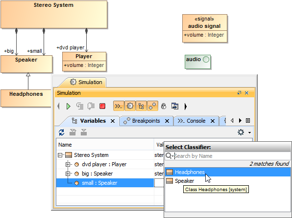 Cameo Simulation Toolkit 2022x Refresh2 > Creating values and objects in the variables pane > classblocks_to_initObj.png (Selecting a Class or a Block to Initialize an Object) Selecting a Class or a Block to Initialize an Object