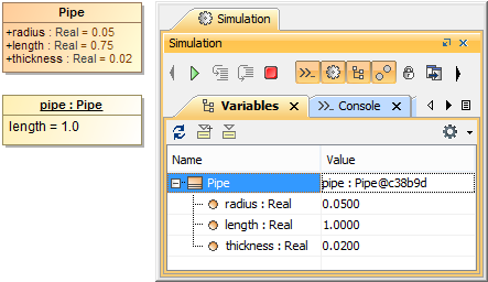 Cameo Simulation Toolkit 2022x Refresh2 > Creating runtime objects from Instance Specifications > RuntimeObjectFromInstance.png (Variables Pane Showing the Runtime Object ) Variables Pane Showing the Runtime Object