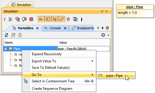 Cameo Simulation Toolkit 2022x Refresh2 > Creating runtime objects from Instance Specifications > SelectInstance_inContainment.png (Menu Item for Selecting Instance Specification in the Containment Tree) Menu Item for Selecting Instance Specification in the Containment Tree