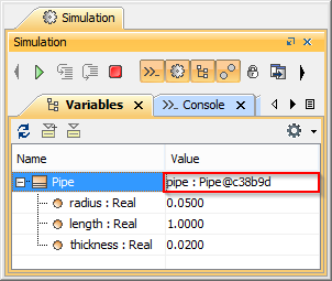 Cameo Simulation Toolkit 2022x Refresh2 > Creating runtime objects from Instance Specifications > representation_of_instance.PNG (A Representation of the Runtime Object in the Variables Pane) A Representation of the Runtime Object in the Variables Pane