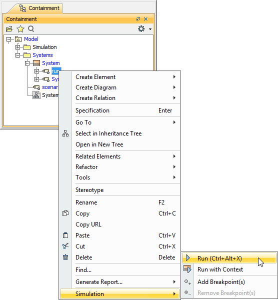 Cameo Simulation Toolkit 2022x Refresh2 > Automatic initialization of context and runtime objects > SIM-2085_newFig2.png (Executing a Behavior without Its Context) Executing a Behavior without Its Context