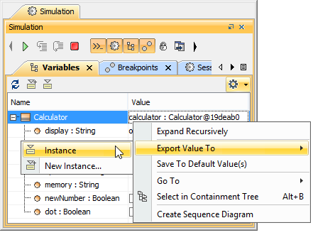 Cameo Simulation Toolkit 2022x Refresh2 > Exporting runtime objects to InstanceSpecifications > Export_toCreatorInstance.png (Exporting a Runtime Value to the Creating Instance through the Context Menu) Exporting a Runtime Value to the Creating Instance through the Context Menu