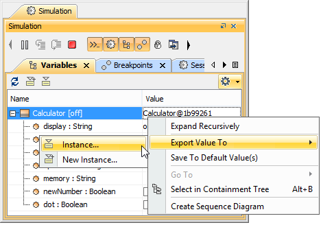 Cameo Simulation Toolkit 2022x Refresh2 > Exporting runtime objects to InstanceSpecifications > Export_toExist_Inst.png (Exporting a Runtime Valuetoan Existing Instance through the Context Menu) Exporting a Runtime Valuetoan Existing Instance through the Context Menu