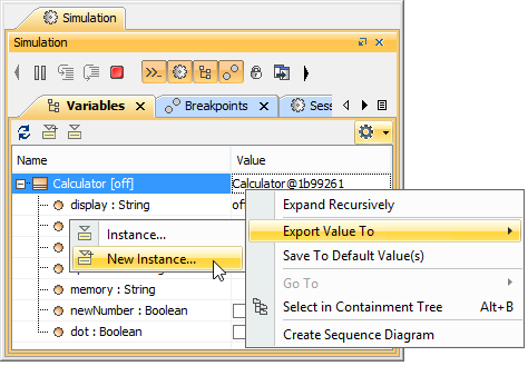 Cameo Simulation Toolkit 2022x Refresh2 > Exporting runtime objects to InstanceSpecifications > Export_toNewInst.png (Exporting Value of the Runtime Object to a New Instance) Exporting Value of the Runtime Object to a New Instance