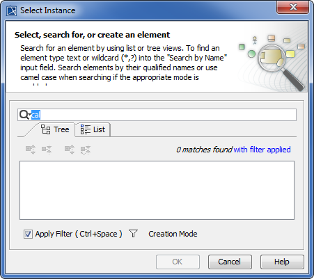 Cameo Simulation Toolkit 2022x Refresh2 > Exporting runtime objects to InstanceSpecifications > select-instance-a.png (Selecting an InstanceSpecification in the Select Instance Dialog) Selecting an InstanceSpecification in the Select Instance Dialog