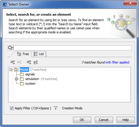 Cameo Simulation Toolkit 2022x Refresh2 > Exporting runtime objects to InstanceSpecifications > select-owner-a.png (Selecting the Owner ofInstance Specification in the Select Owner Dialog) Selecting the Owner ofInstance Specification in the Select Owner Dialog