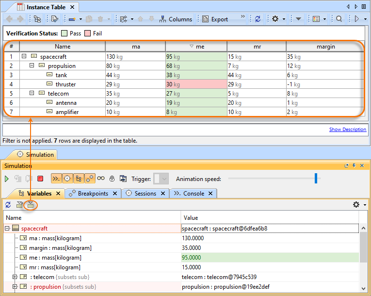 Cameo Simulation Toolkit 2022x Refresh2 > Recording Verification status of runtime values > simulation_results_in_instance_table.png