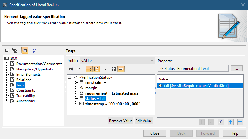 Cameo Simulation Toolkit 2022x Refresh2 > Recording Verification status of runtime values > specification_window_with_verification_status.png