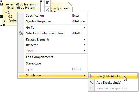 Cameo Simulation Toolkit 2022x Refresh2 > Updating default values > 2.1.1_SaveTodefaultMenu.png (Running a Model Simulation) Running a Model Simulation