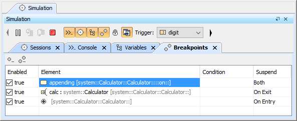 Cameo Simulation Toolkit 2022x Refresh2 > Breakpoints > 110178_Breakpoints.png (The Breakpoints Pane) The Breakpoints Pane