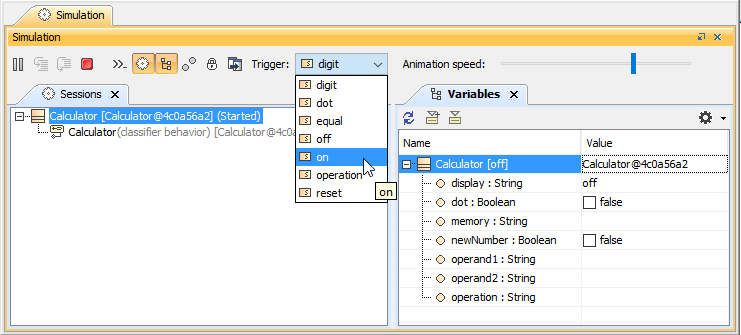 Cameo Simulation Toolkit 2022x Refresh2 > Running a State Machine simulation > 110250_RunState.png (The Triggers Drop-down Menu) The Triggers Drop-down Menu