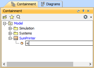 Cameo Simulation Toolkit 2022x Refresh2 > Creating a model for Activity simulation > Figure_0042.png (Creating a New Property 'x' for the SumPrinter Class) Creating a New Property 'x' for the SumPrinter Class