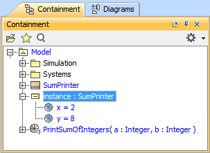 Cameo Simulation Toolkit 2022x Refresh2 > Creating a model for Activity simulation > InstanceSpecificationOfSumPrinter.png (The Created InstanceSpecification with Slot Values in the Containment Tree) The Created InstanceSpecification with Slot Values in the Containment Tree