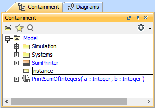 Cameo Simulation Toolkit 2022x Refresh2 > Creating a model for Activity simulation > NameInstanceSpecificationWithInstance.png (The Created InstanceSpecification in the Containment Browser) The Created InstanceSpecification in the Containment Browser