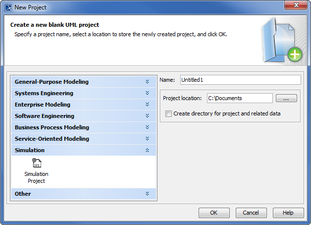 Cameo Simulation Toolkit 2022x Refresh2 > Creating a model for Activity simulation > cst-new-proj.png (The New Project Dialog) The New Project Dialog