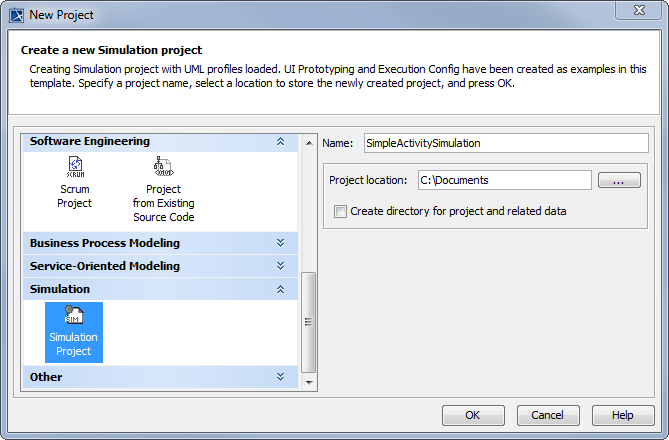 Cameo Simulation Toolkit 2022x Refresh2 > Creating a model for Activity simulation > new-project-2.png (New project dialog) New project dialog