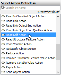 Cameo Simulation Toolkit 2022x Refresh2 > Creating a model for Activity simulation > readselfaction.png (Selecting Read Self Action from the Select Action Metaclass Dialog) Selecting Read Self Action from the Select Action Metaclass Dialog