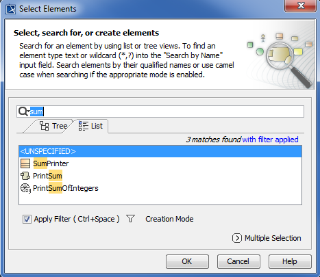 Cameo Simulation Toolkit 2022x Refresh2 > Creating a model for Activity simulation > select-elements-dialog.png (The Select Elements Dialog of the Selected Classifier) The Select Elements Dialog of the Selected Classifier
