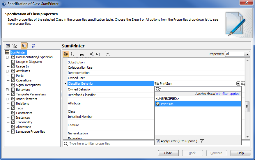 Cameo Simulation Toolkit 2022x Refresh2 > Creating a model for Activity simulation > specification-of-class-sum-printer.png (Specify classifier behavior property) Specify classifier behavior property