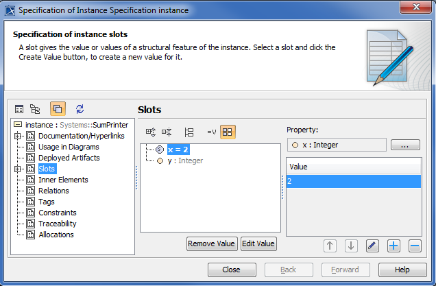 Cameo Simulation Toolkit 2022x Refresh2 > Creating a model for Activity simulation > specification-of-instance-slots-2.png (Assigning a Value to Property x Slot) Assigning a Value to Property x Slot