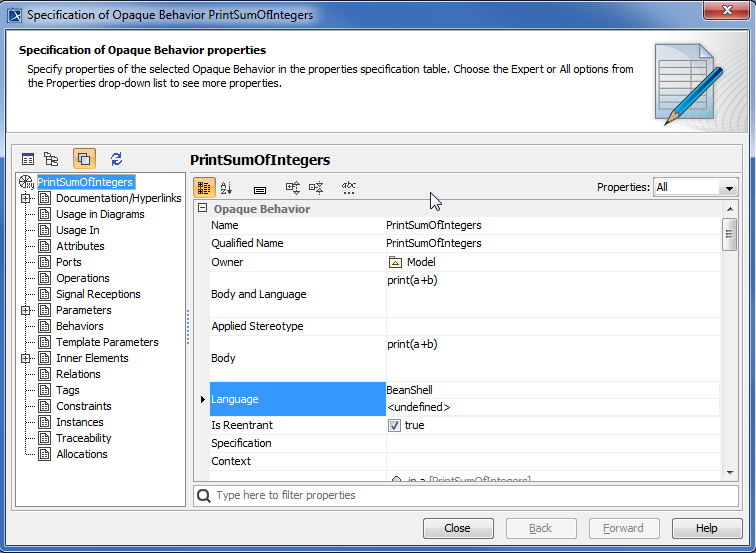 Cameo Simulation Toolkit 2022x Refresh2 > Creating a model for Activity simulation > specification-of-opaque-behavior-2.png (Specifying a Scripting Language) Specifying a Scripting Language