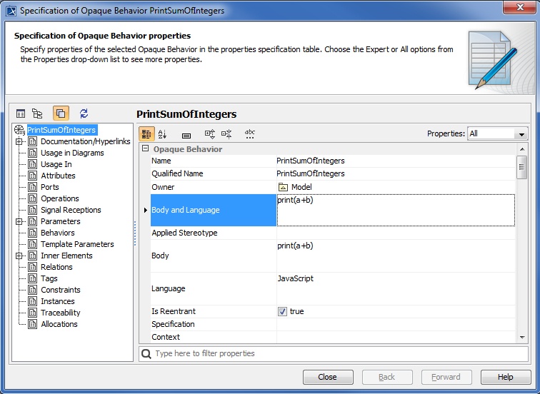 Cameo Simulation Toolkit 2022x Refresh2 > Creating a model for Activity simulation > specification-of-opaque-behavior.png (JavaScript forPrinting the Summation ofInteger Values) JavaScript forPrinting the Summation ofInteger Values