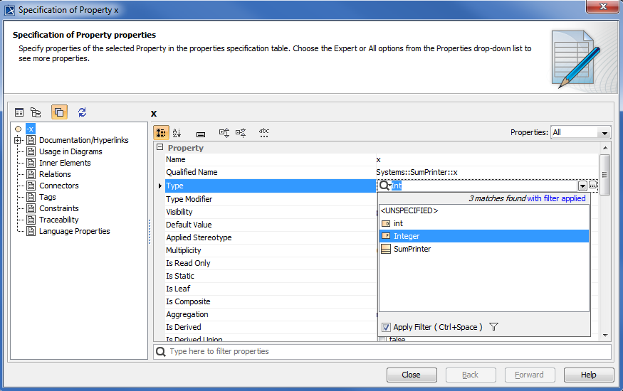 Cameo Simulation Toolkit 2022x Refresh2 > Creating a model for Activity simulation > specification-of-property.png (Specification for property) Specification for property