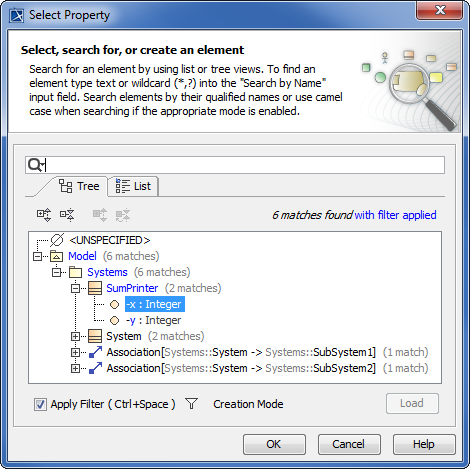 Cameo Simulation Toolkit 2022x Refresh2 > Creating a model for Activity simulation > specification-of-read-structural-feature-2.png (Selecting the Property x in the Select Property Dialog) Selecting the Property x in the Select Property Dialog