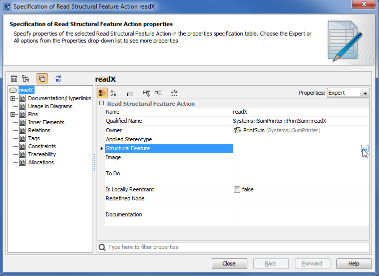 Cameo Simulation Toolkit 2022x Refresh2 > Creating a model for Activity simulation > specification-of-read-structural-feature.png (The Specification Dialog of ReadStructuralFeatureAction readX) The Specification Dialog of ReadStructuralFeatureAction readX
