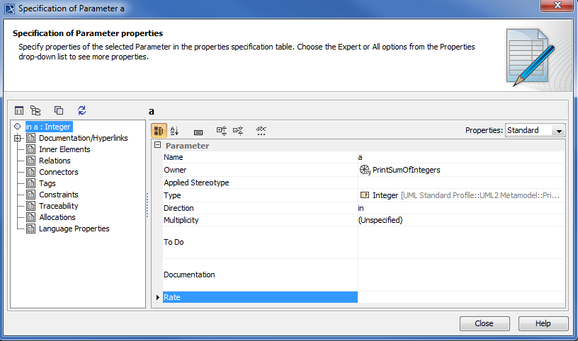 Cameo Simulation Toolkit 2022x Refresh2 > Creating a model for Activity simulation > zecification-of-parameter-a.png (Specification Dialog of Parameter a) Specification Dialog of Parameter a