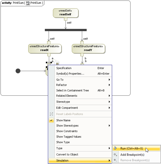 Cameo Simulation Toolkit 2022x Refresh2 > Executing Activities > AddBreakPointAtPinA.png (Adding Breakpoints to Pin a of print Action) Adding Breakpoints to Pin a of print Action