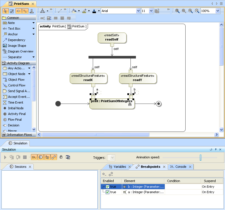 Cameo Simulation Toolkit 2022x Refresh2 > Executing Activities > AddBreakpointsToAandB.png (The Breakpoints Pane in the Simulation Window) The Breakpoints Pane in the Simulation Window