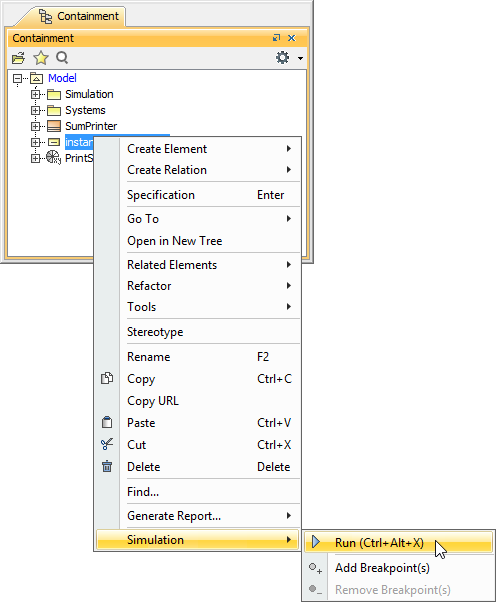 Cameo Simulation Toolkit 2022x Refresh2 > Executing Activities > ExecuteInstanceSpecification.png (Executing the InstanceSpecification of the SumPrinter Classifier) Executing the InstanceSpecification of the SumPrinter Classifier