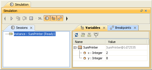 Cameo Simulation Toolkit 2022x Refresh2 > Executing Activities > Figure_0079.png (A Simulation Session in the Sessions Pane of the Simulation Window) A Simulation Session in the Sessions Pane of the Simulation Window