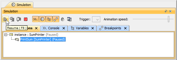 Cameo Simulation Toolkit 2022x Refresh2 > Executing Activities > ResumeToolbarButton.png (The Resume Button in the Simulation Window) The Resume Button in the Simulation Window