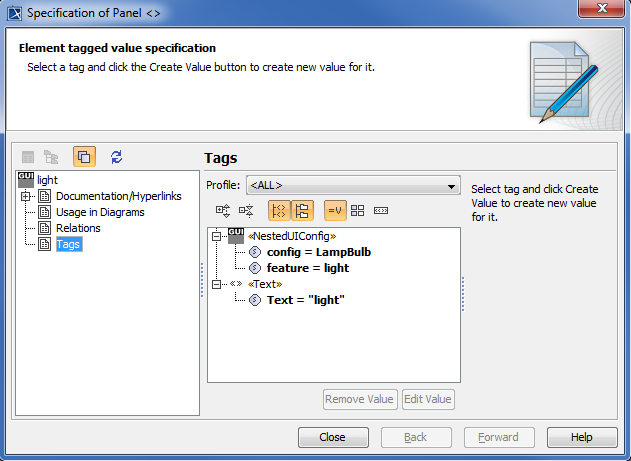 Tagged Value Specification of the UI Panel Representing the Light Property