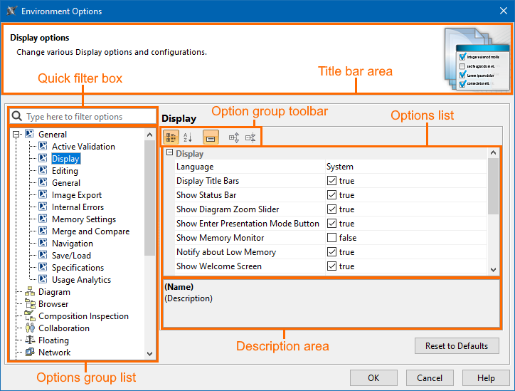 Structure of Environment Options dialog