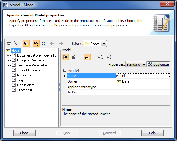 Model Specification window